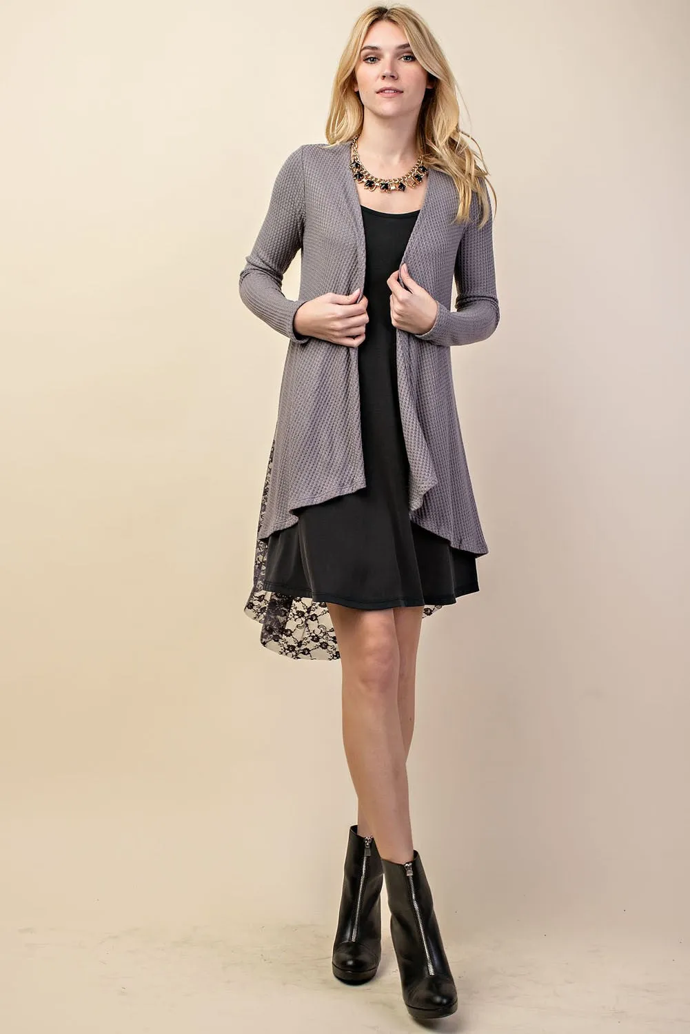 1-36 OT {Sweet Feels} VOCAL D.Grey Waffle Knit Lace Cardigan PLUS SIZE XL 2X 3X