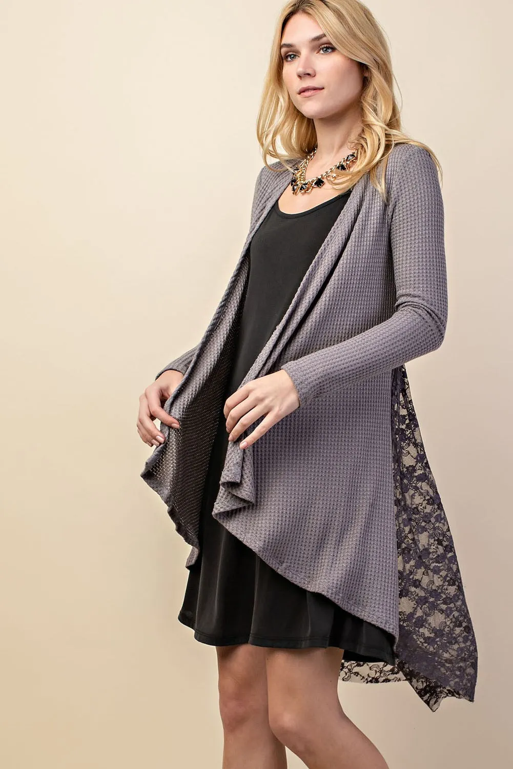 1-36 OT {Sweet Feels} VOCAL D.Grey Waffle Knit Lace Cardigan PLUS SIZE XL 2X 3X