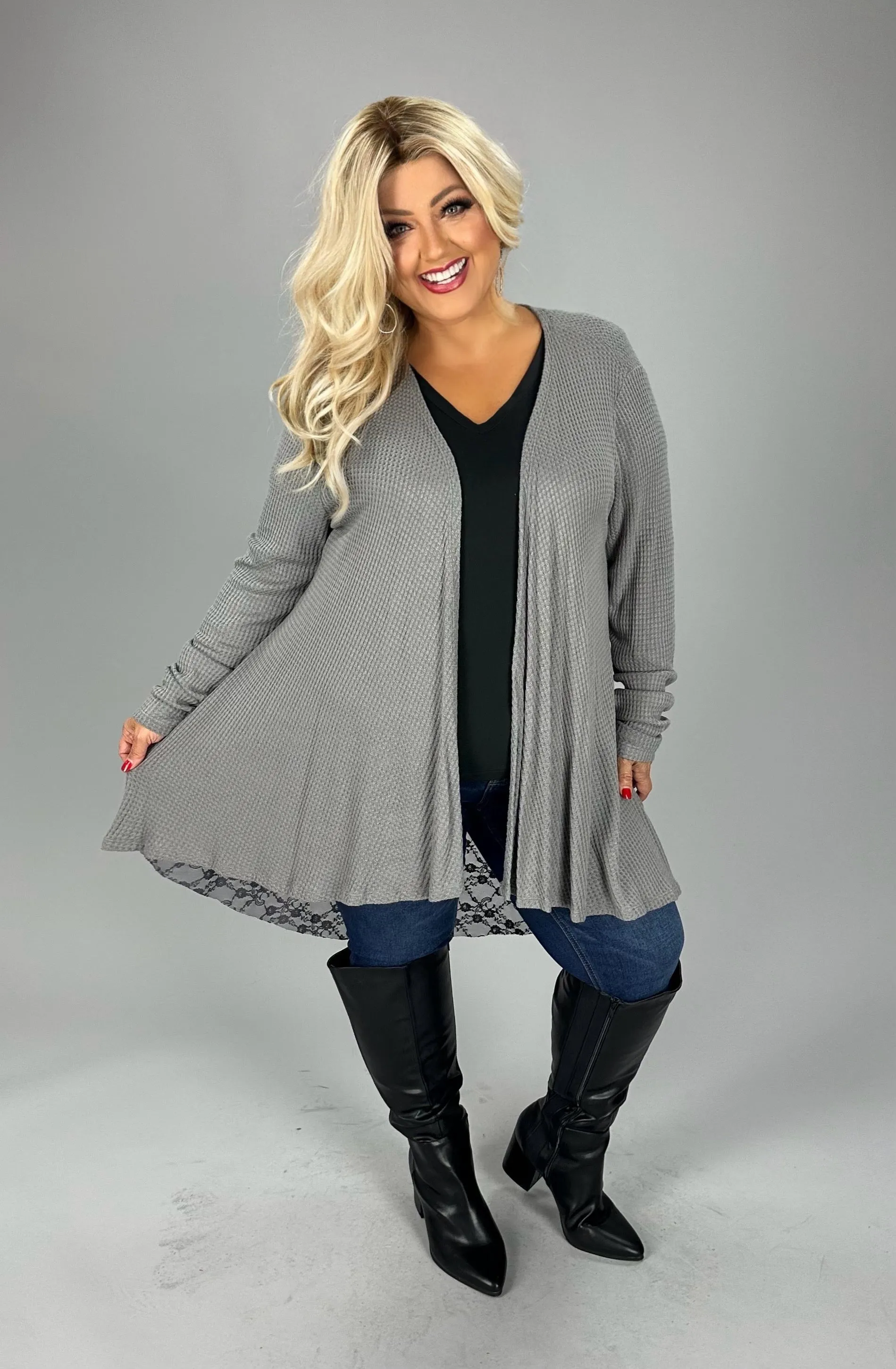 1-36 OT {Sweet Feels} VOCAL D.Grey Waffle Knit Lace Cardigan PLUS SIZE XL 2X 3X