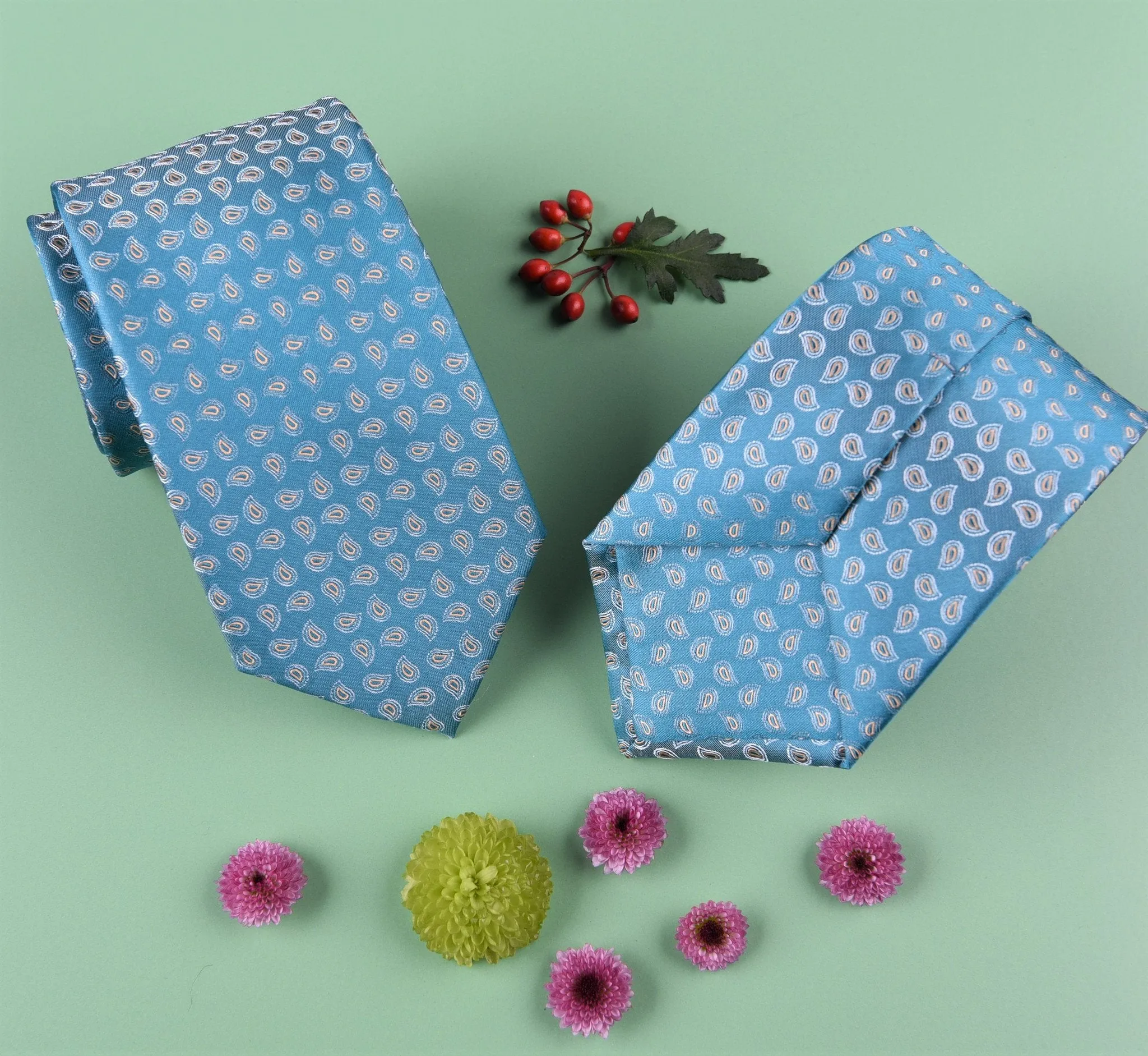 Alternating Tan Floral Paisley Turquoise Teal Skinny Woven Tie 3"