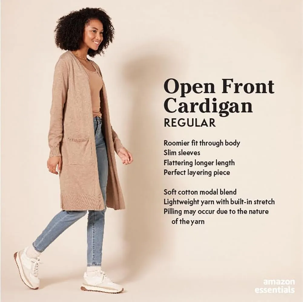 Amazon Essentials Women's Lightweight Longer Length Open-Front Long-Sleeve Cardigan Sweater (Available in Plus Size)