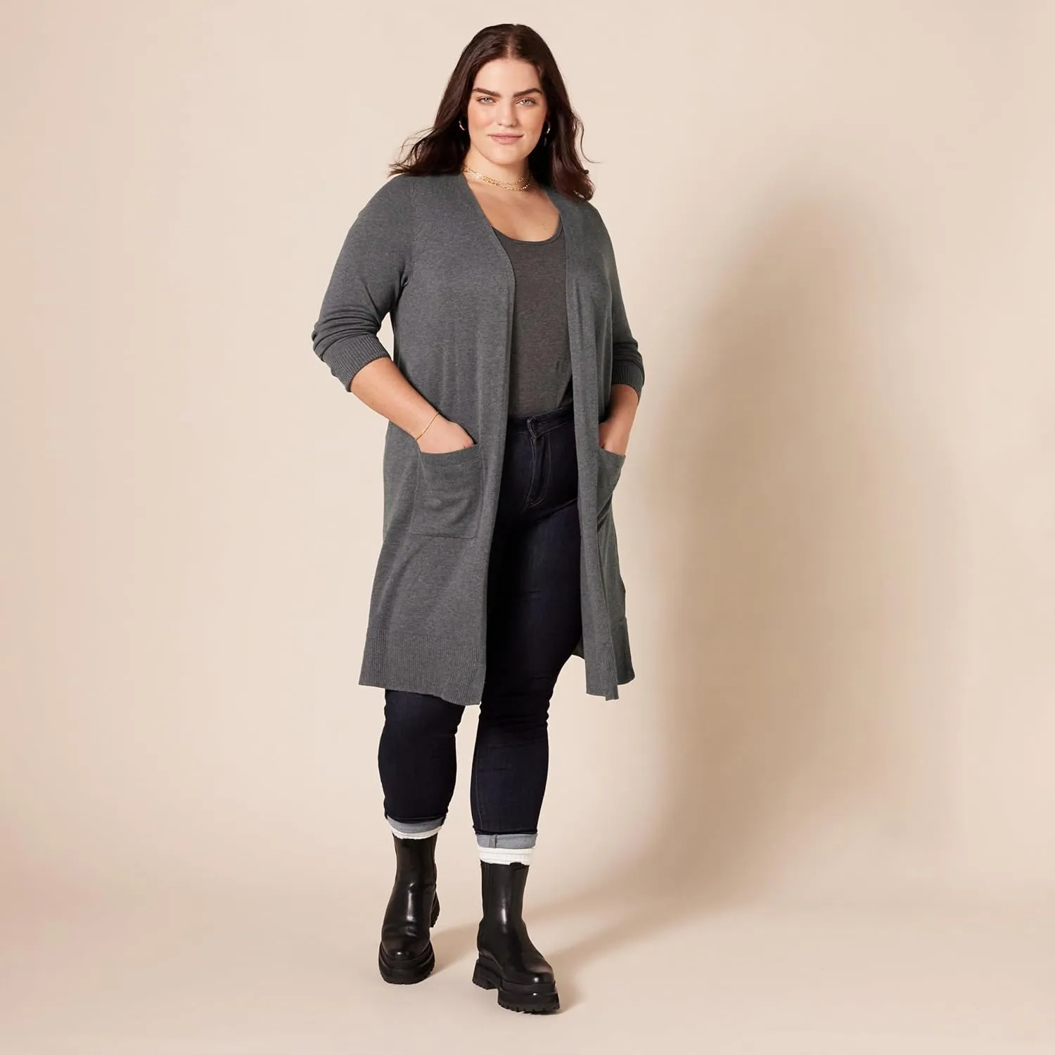 Amazon Essentials Women's Lightweight Longer Length Open-Front Long-Sleeve Cardigan Sweater (Available in Plus Size)