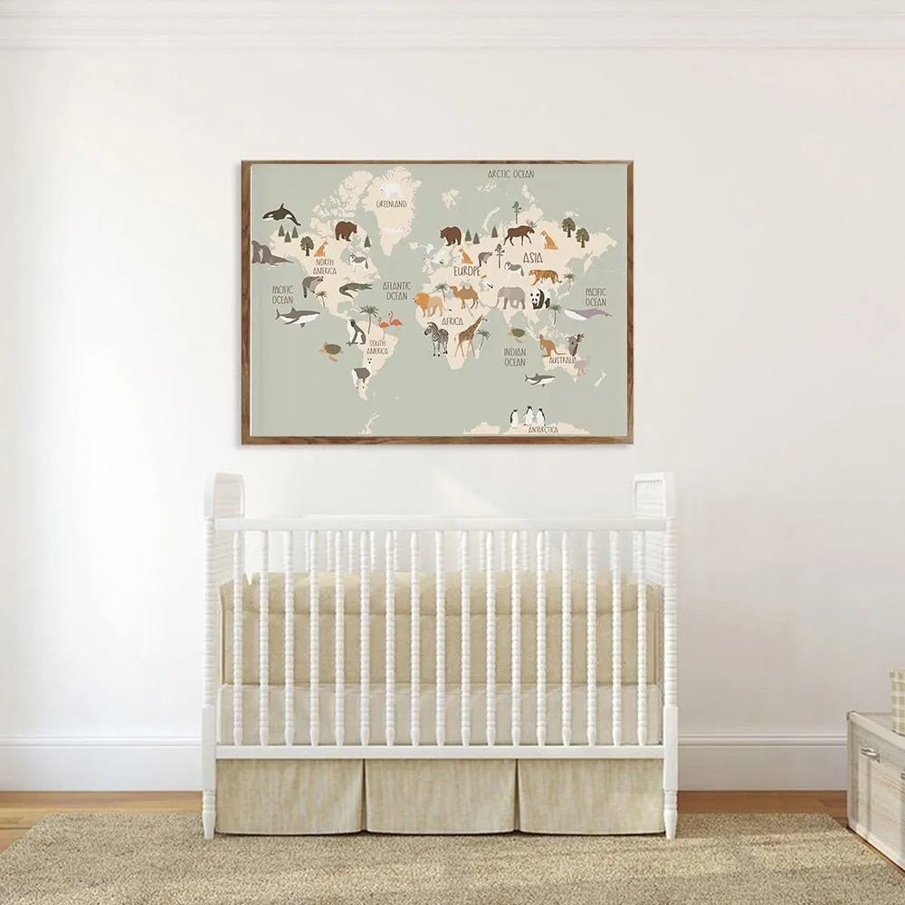 Animal World Map Nursery Canvas Cute Cartoon Decor