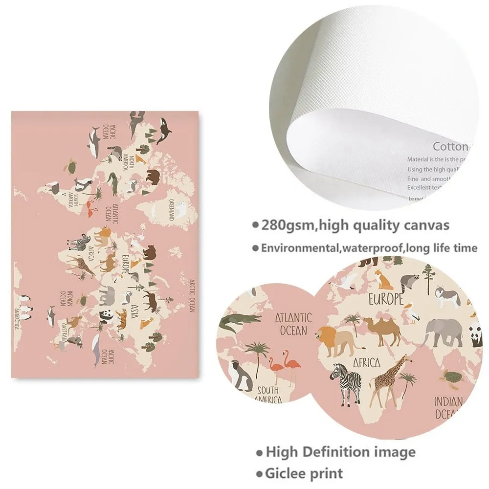 Animal World Map Nursery Canvas Cute Cartoon Decor