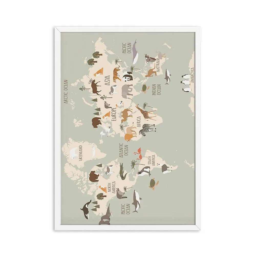 Animal World Map Nursery Canvas Cute Cartoon Decor