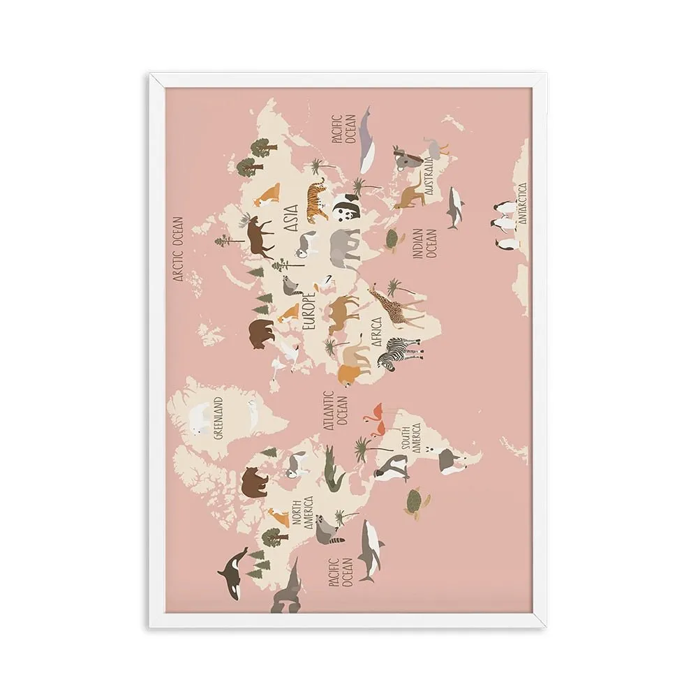 Animal World Map Nursery Canvas Cute Cartoon Decor