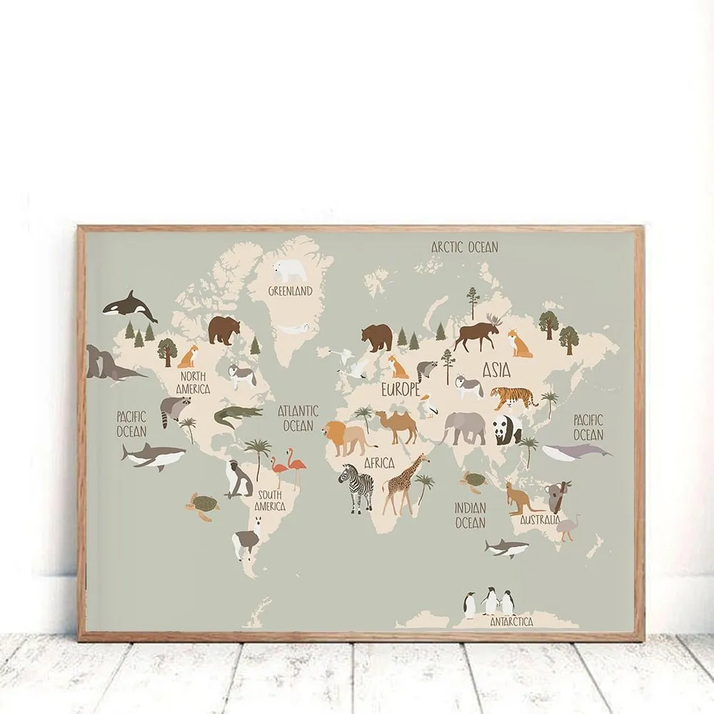 Animal World Map Nursery Canvas Cute Cartoon Decor