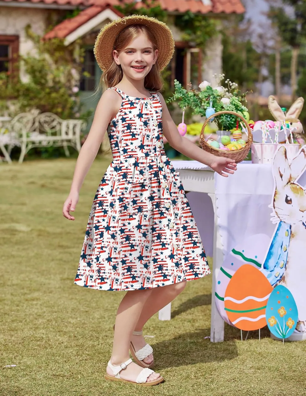 Arshiner Girl's Spaghetti Strap Button Down Midi Sleeveless Summer Casual Sundress A-line Dress with Pockets