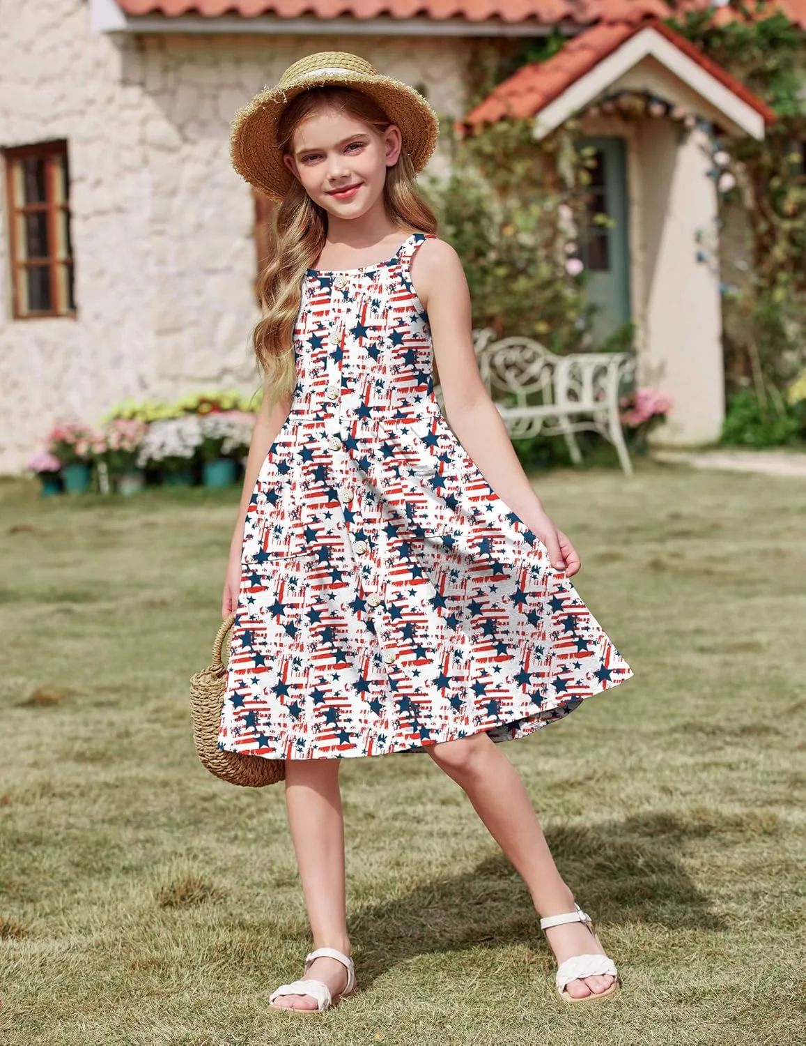 Arshiner Girl's Spaghetti Strap Button Down Midi Sleeveless Summer Casual Sundress A-line Dress with Pockets