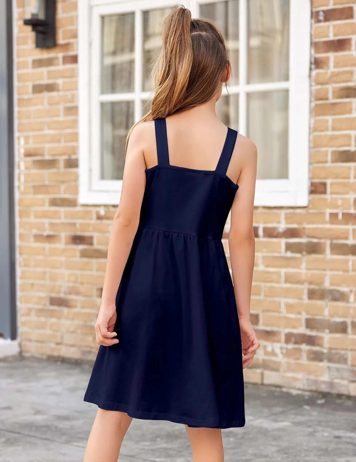 Arshiner Girl's Spaghetti Strap Button Down Midi Sleeveless Summer Casual Sundress A-line Dress with Pockets