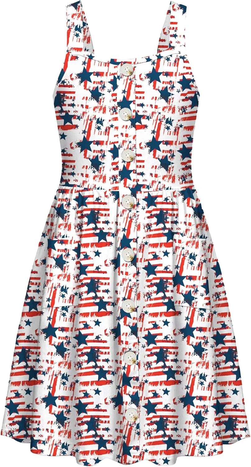 Arshiner Girl's Spaghetti Strap Button Down Midi Sleeveless Summer Casual Sundress A-line Dress with Pockets