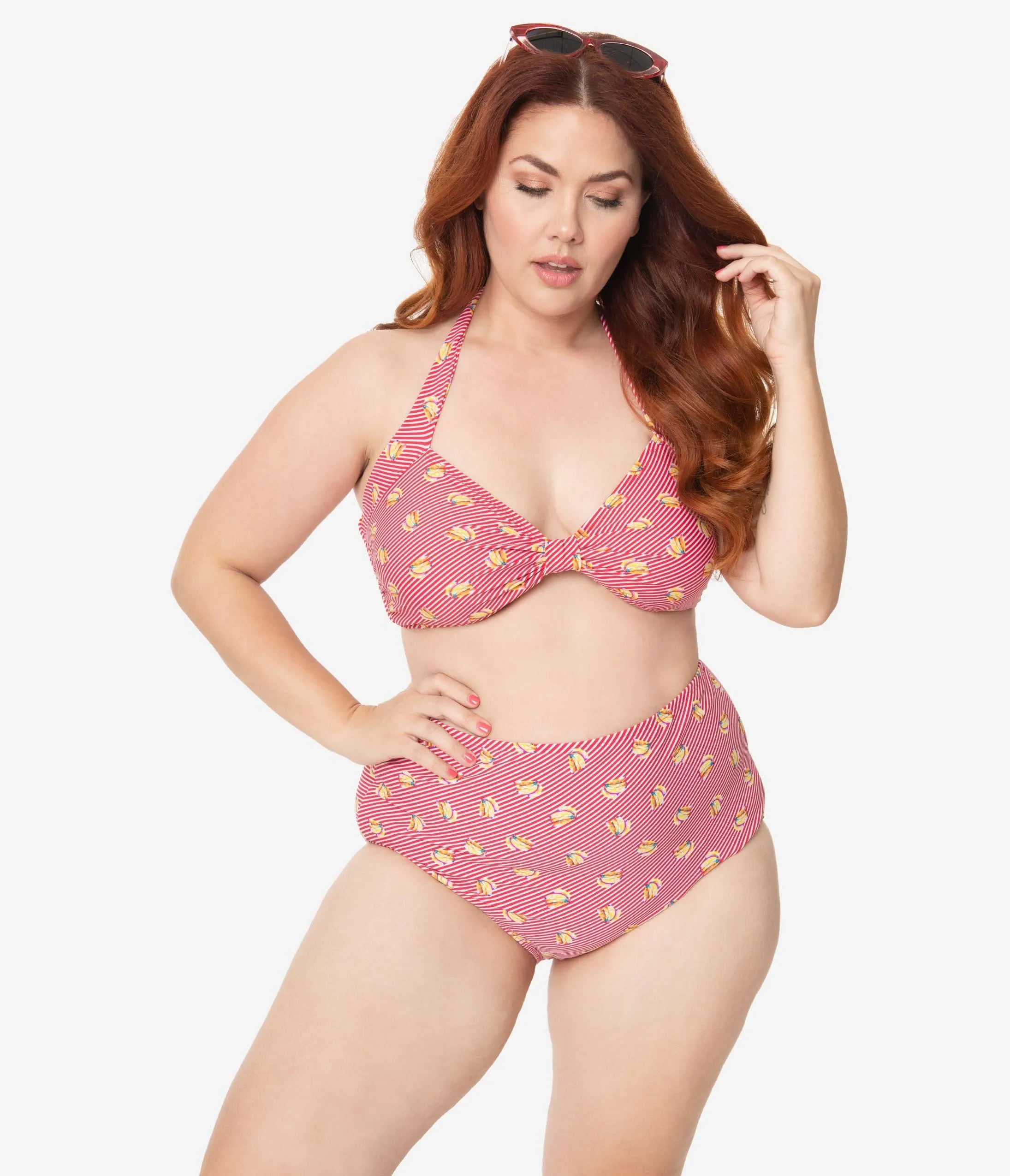 Bettie Page Plus Size Red & White Stripe Banana Bunch Swim Top