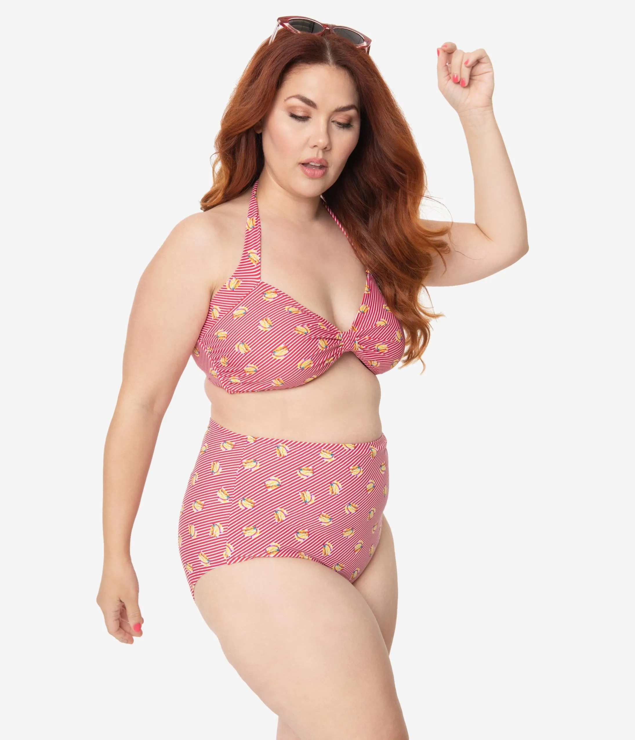 Bettie Page Plus Size Red & White Stripe Banana Bunch Swim Top