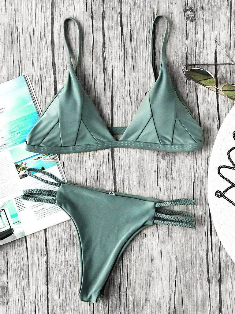 Braided Strap Side Cutout Seam Bikini Set
