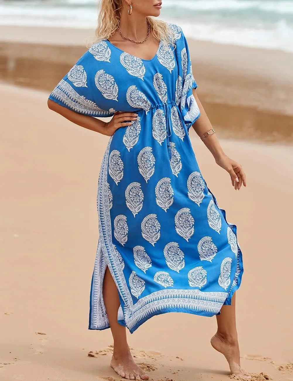Bsubseach Kaftan Dresses for Women Plus Size Swimsuit Cover Up Long Caftan Dress with Waist Drawstring