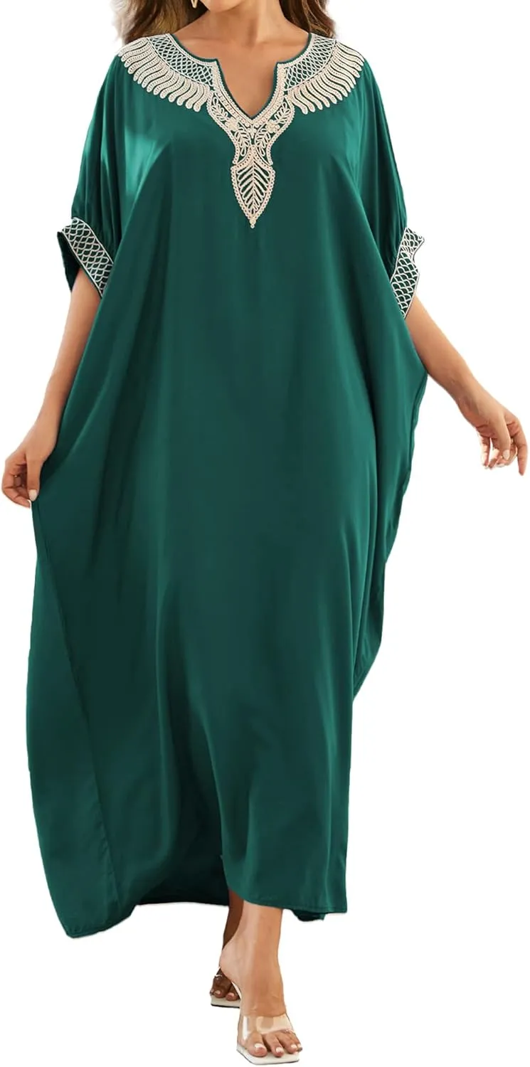 Bsubseach Moroccan Kaftan Dresses for Women Plus Size Swimsuit Coverup V Neck Long Caftan Beach Cover Ups Dress