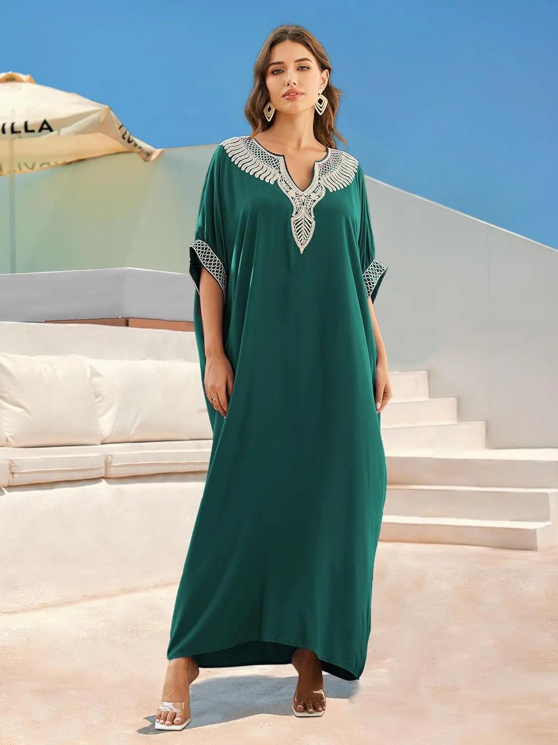 Bsubseach Moroccan Kaftan Dresses for Women Plus Size Swimsuit Coverup V Neck Long Caftan Beach Cover Ups Dress