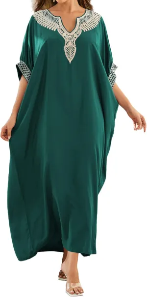 Bsubseach Moroccan Kaftan Dresses for Women Plus Size Swimsuit Coverup V Neck Long Caftan Beach Cover Ups Dress