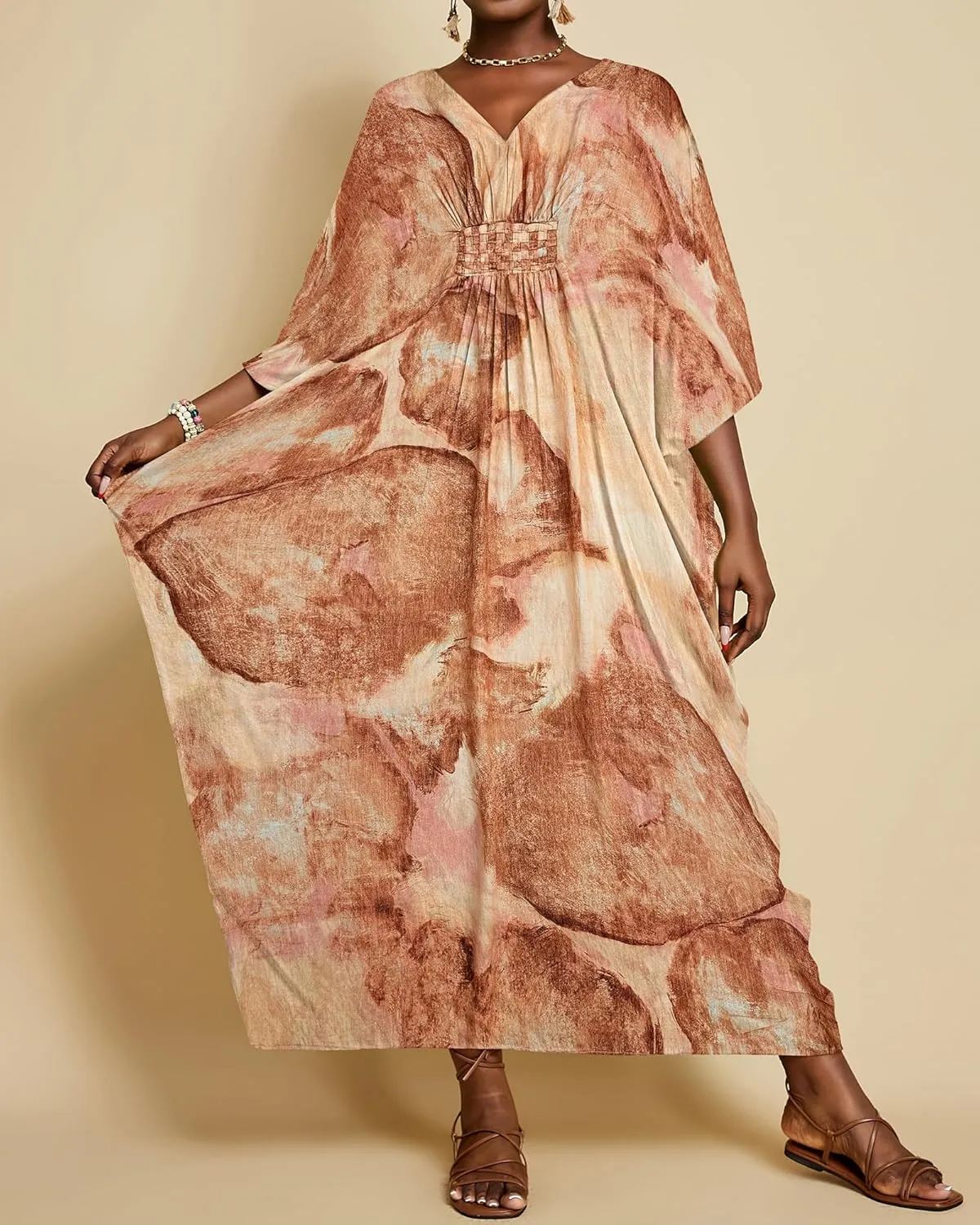 Bsubseach Plus Size Kaftan Dresses for Women V Neck Swimsuit Coverup Floral Print Caftan Maxi Beach Dress