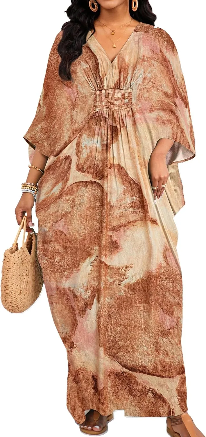 Bsubseach Plus Size Kaftan Dresses for Women V Neck Swimsuit Coverup Floral Print Caftan Maxi Beach Dress
