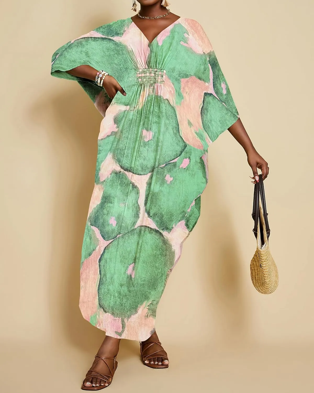 Bsubseach Plus Size Kaftan Dresses for Women V Neck Swimsuit Coverup Floral Print Caftan Maxi Beach Dress