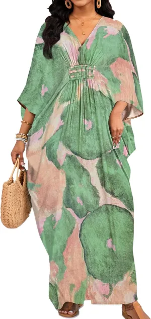 Bsubseach Plus Size Kaftan Dresses for Women V Neck Swimsuit Coverup Floral Print Caftan Maxi Beach Dress