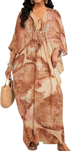 Bsubseach Plus Size Kaftan Dresses for Women V Neck Swimsuit Coverup Floral Print Caftan Maxi Beach Dress