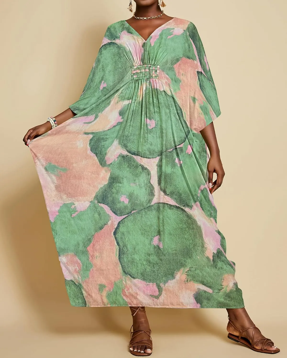 Bsubseach Plus Size Kaftan Dresses for Women V Neck Swimsuit Coverup Floral Print Caftan Maxi Beach Dress