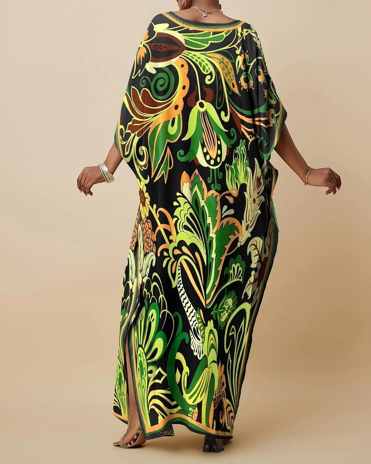 Bsubseach Women Kaftan Dresses Ethnic Print V-Neck Beach Cover Up Plus Size Caftan Loungewear Summer Swimsuit Coverup