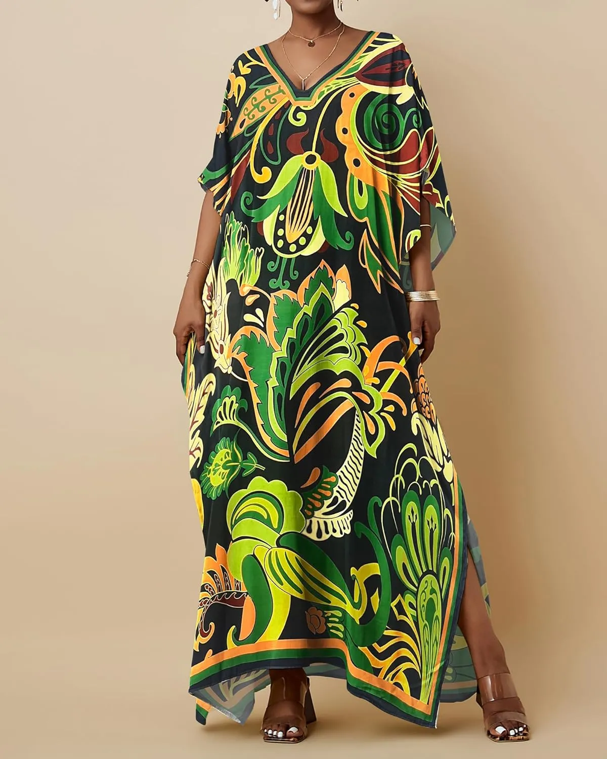 Bsubseach Women Kaftan Dresses Ethnic Print V-Neck Beach Cover Up Plus Size Caftan Loungewear Summer Swimsuit Coverup