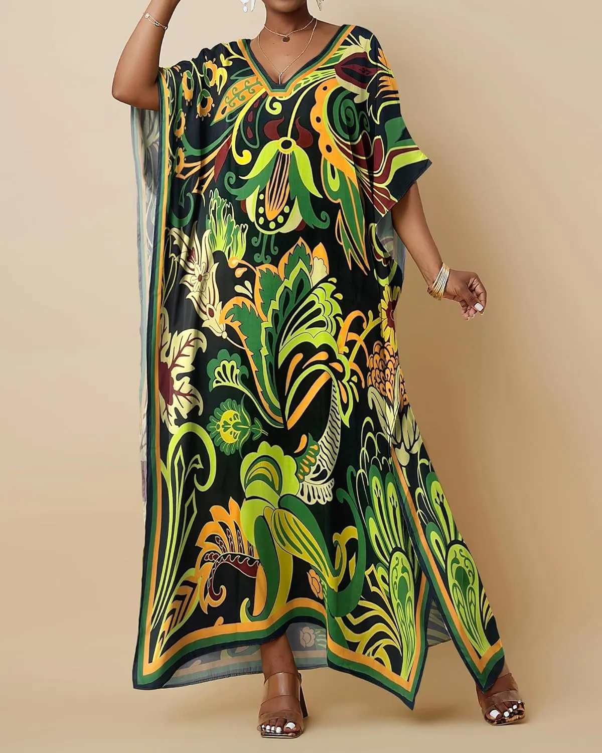 Bsubseach Women Kaftan Dresses Ethnic Print V-Neck Beach Cover Up Plus Size Caftan Loungewear Summer Swimsuit Coverup
