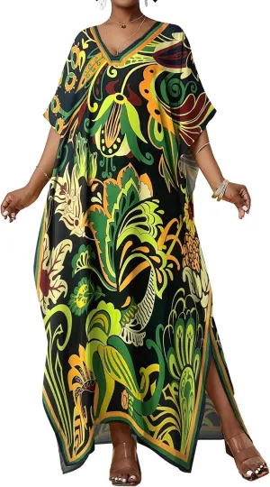 Bsubseach Women Kaftan Dresses Ethnic Print V-Neck Beach Cover Up Plus Size Caftan Loungewear Summer Swimsuit Coverup