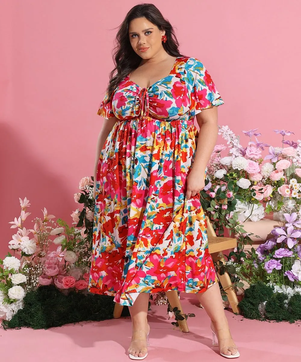 CARCOS Plus Size Dresses for Curvy Women Tie Sweetheart Neck Summer Maxi Dress Short Sleeve Empire Waist Floral Boho Dress