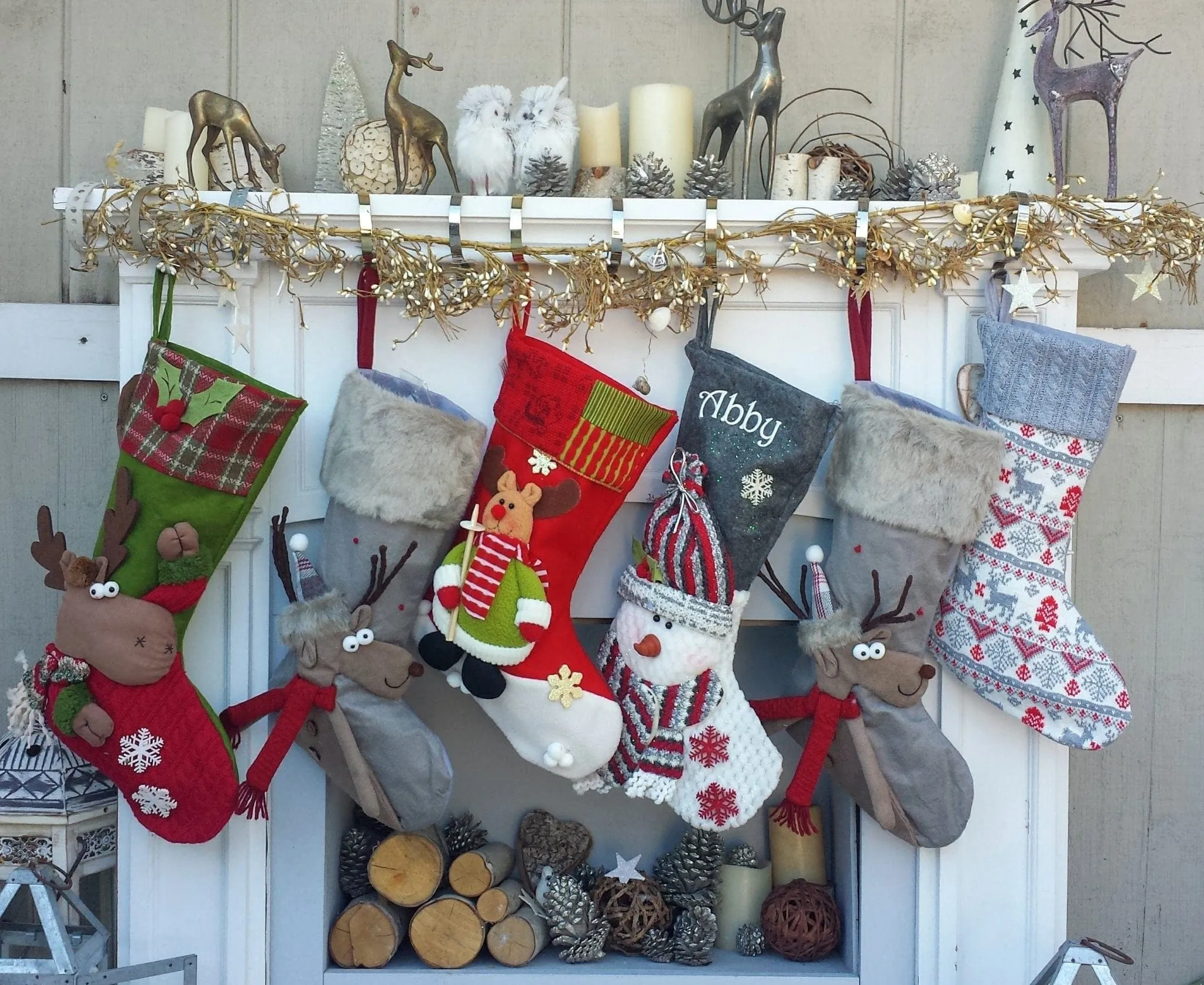 Children's Merry Moose Reindeer Christmas Stockings Embroidered Name Fun Red Gray Black Fur Buffalo Plaid Family Stocking Large Deer