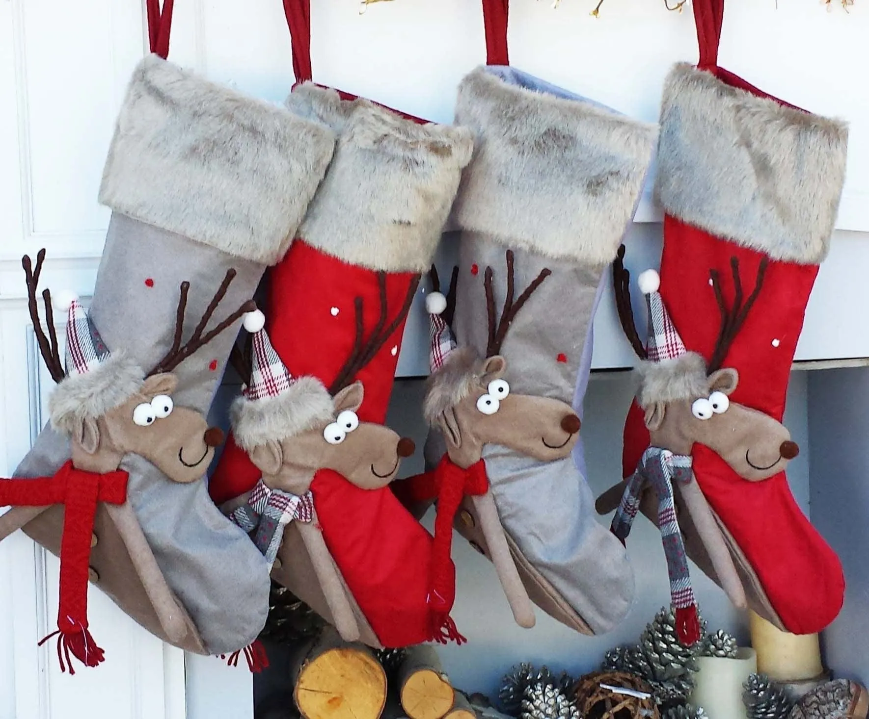 Children's Merry Moose Reindeer Christmas Stockings Embroidered Name Fun Red Gray Black Fur Buffalo Plaid Family Stocking Large Deer