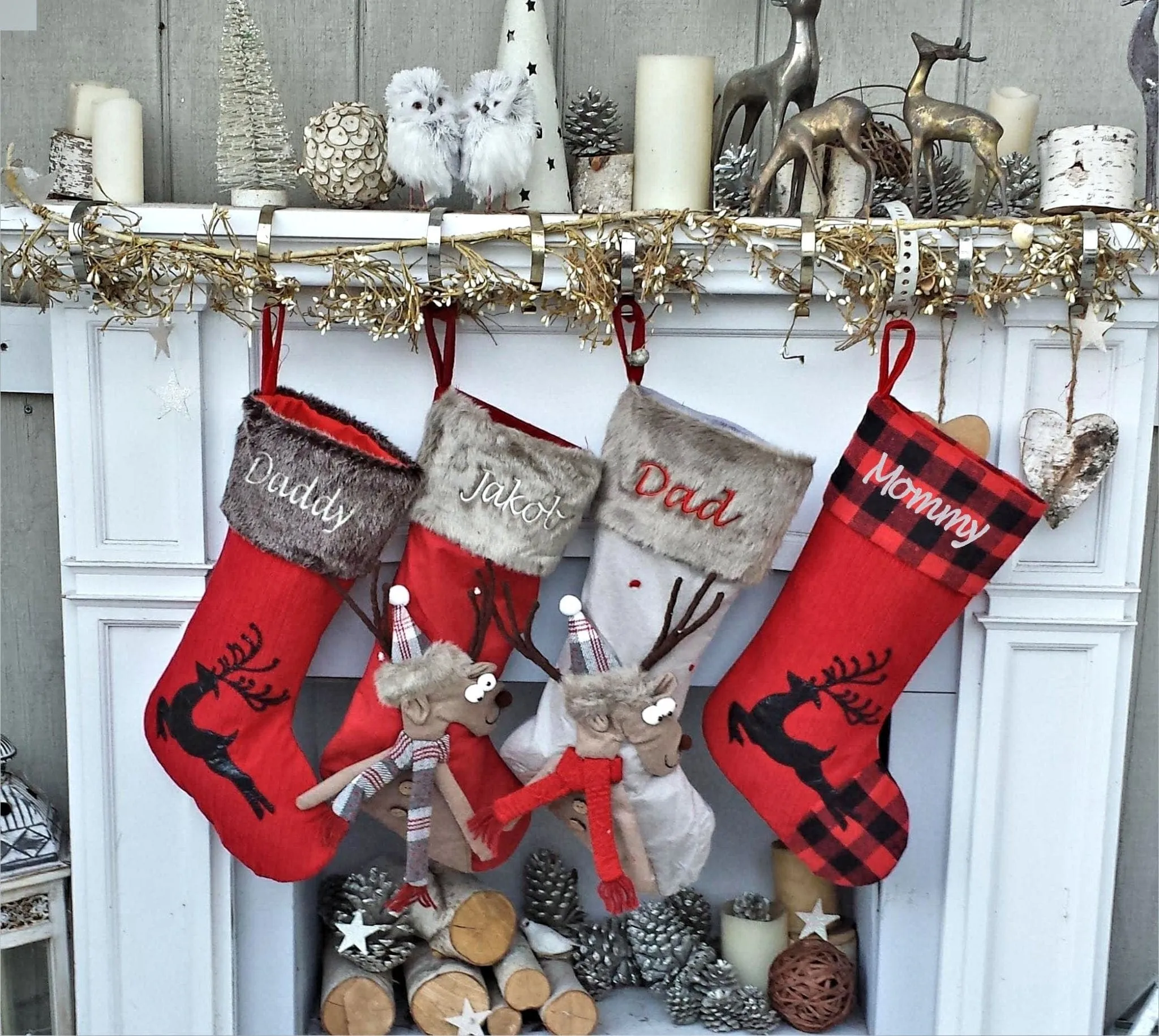 Children's Merry Moose Reindeer Christmas Stockings Embroidered Name Fun Red Gray Black Fur Buffalo Plaid Family Stocking Large Deer