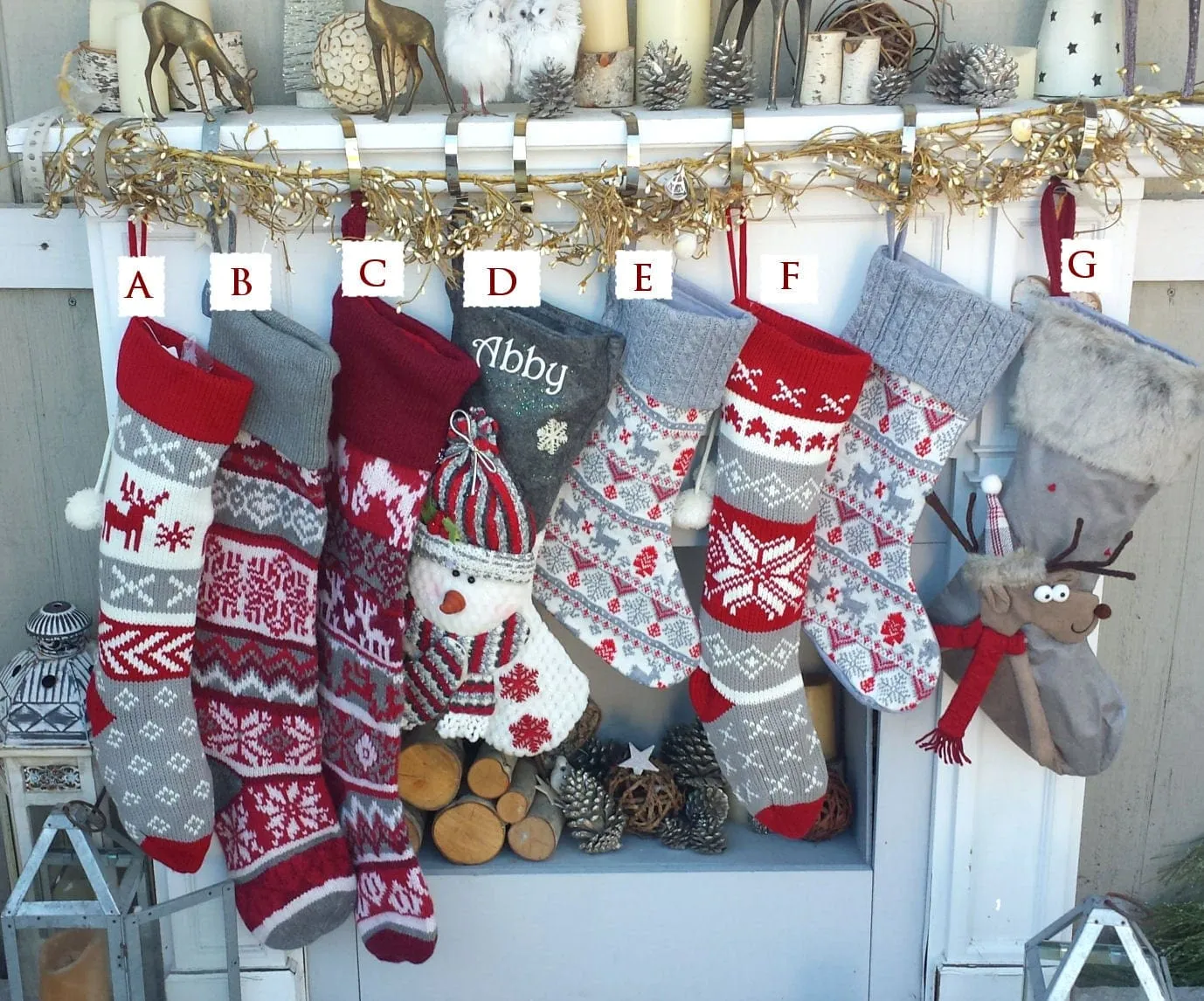 Children's Merry Moose Reindeer Christmas Stockings Embroidered Name Fun Red Gray Black Fur Buffalo Plaid Family Stocking Large Deer