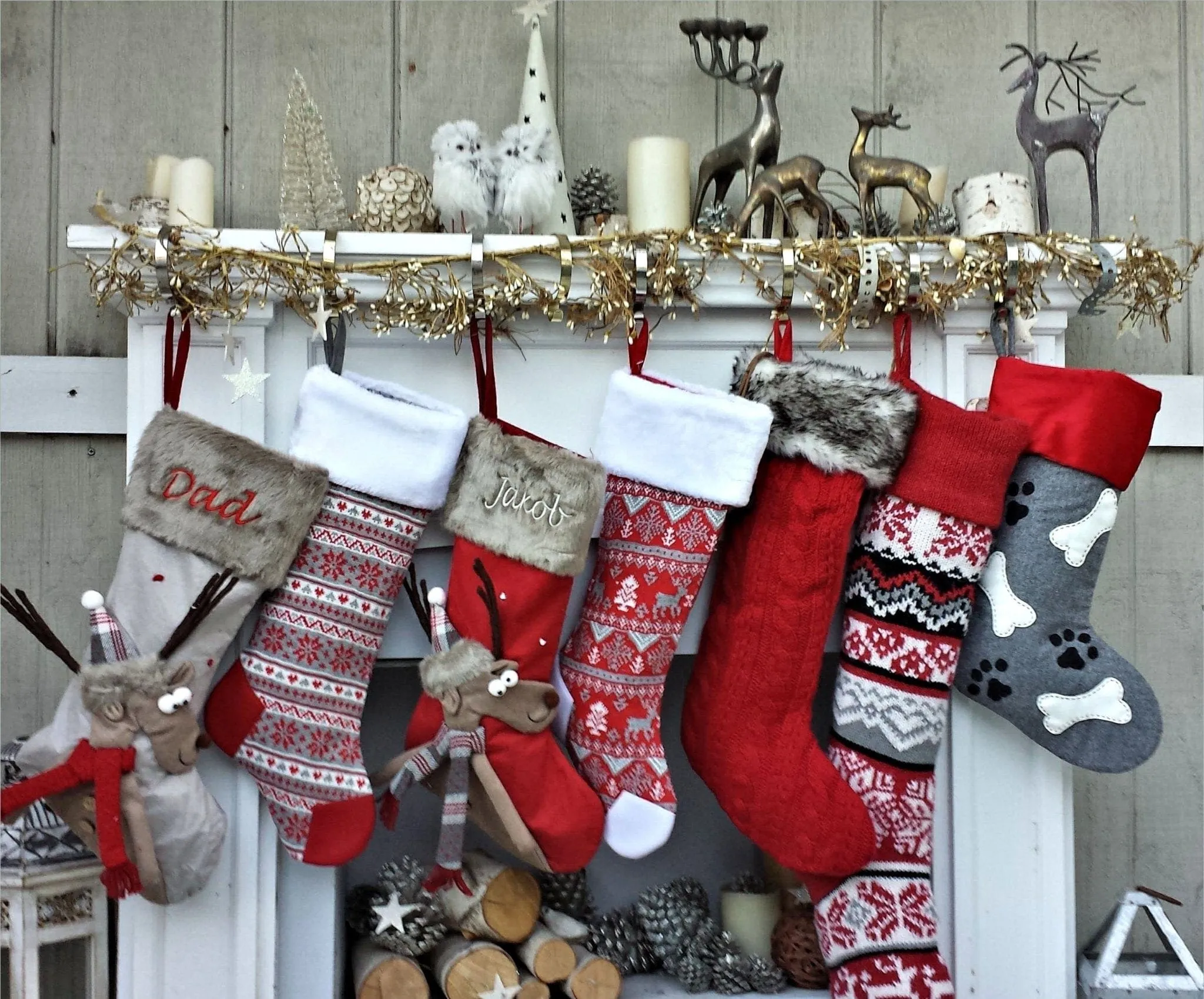 Children's Merry Moose Reindeer Christmas Stockings Embroidered Name Fun Red Gray Black Fur Buffalo Plaid Family Stocking Large Deer