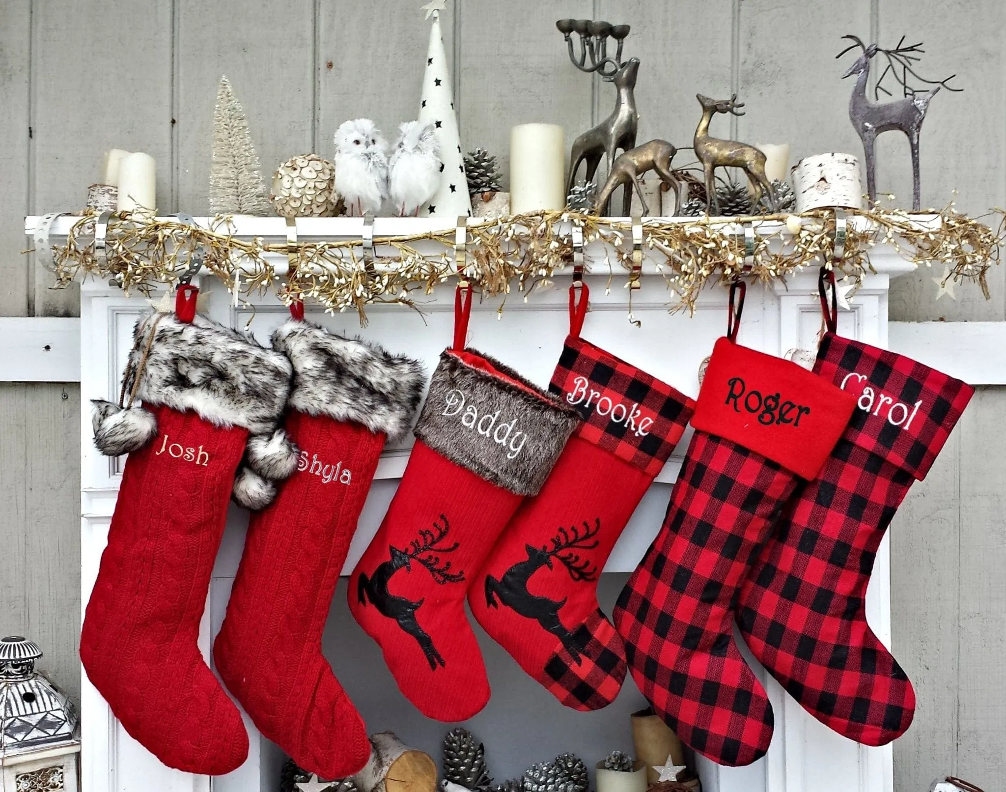 Children's Merry Moose Reindeer Christmas Stockings Embroidered Name Fun Red Gray Black Fur Buffalo Plaid Family Stocking Large Deer