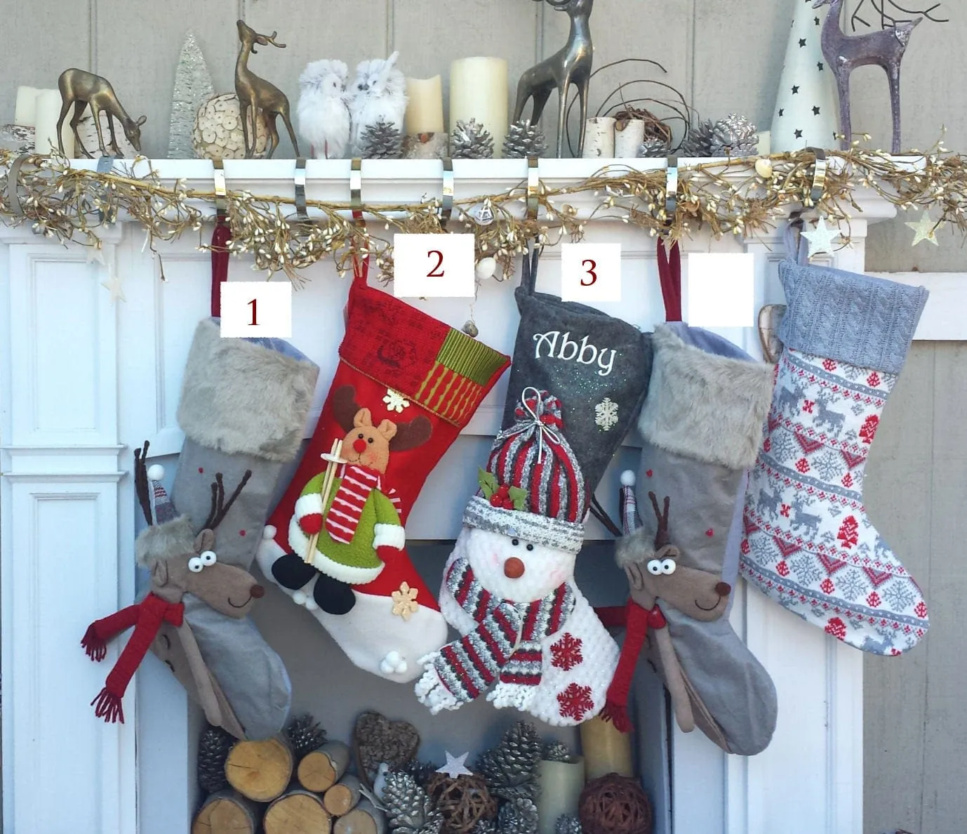 Children's Merry Moose Reindeer Christmas Stockings Embroidered Name Fun Red Gray Black Fur Buffalo Plaid Family Stocking Large Deer