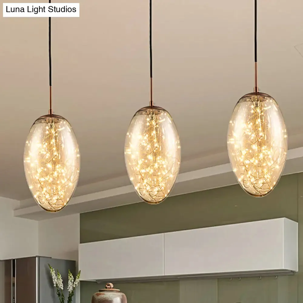 Contemporary Oval LED Pendant Light in Smoke Gray/Amber Glass for Living Rooms