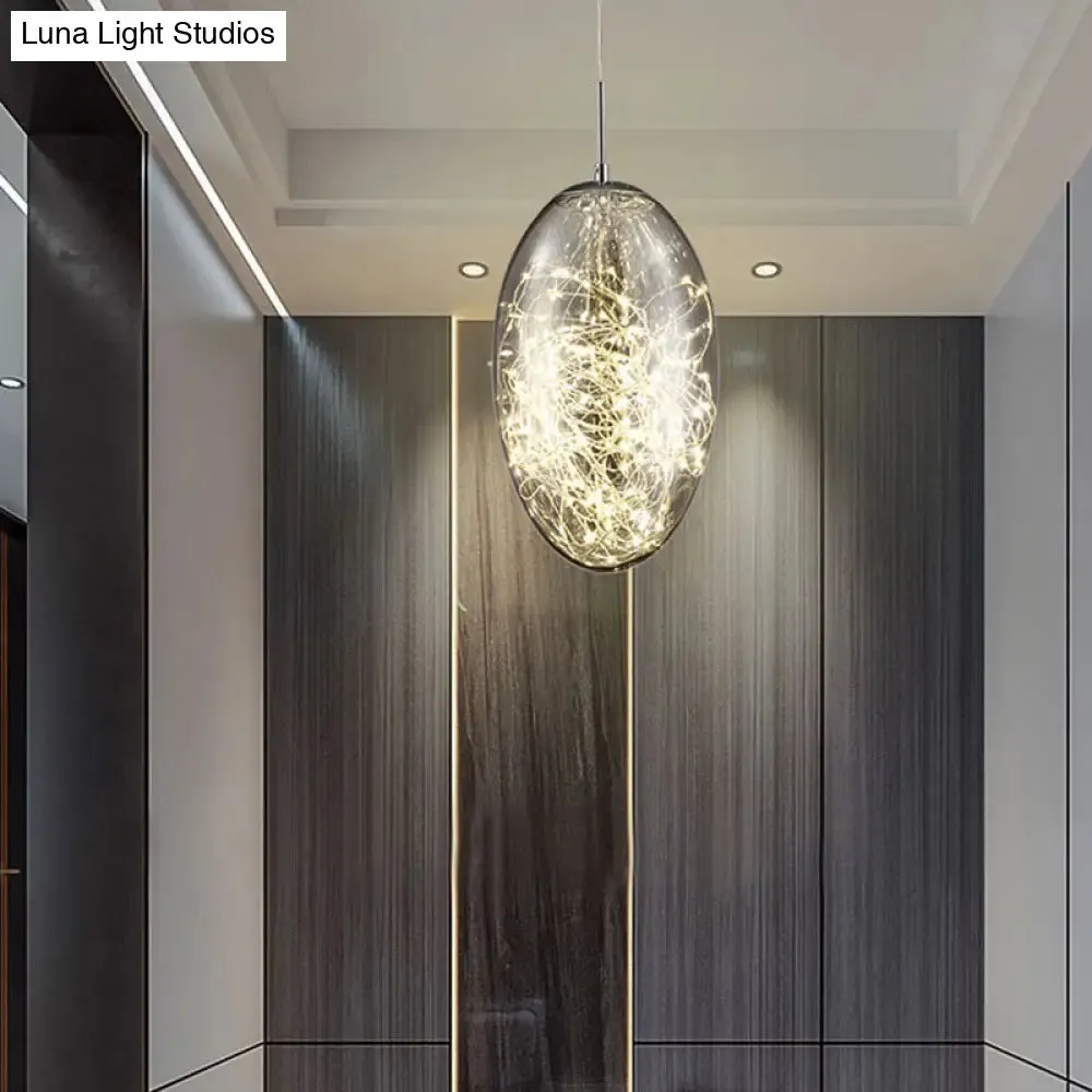 Contemporary Oval LED Pendant Light in Smoke Gray/Amber Glass for Living Rooms