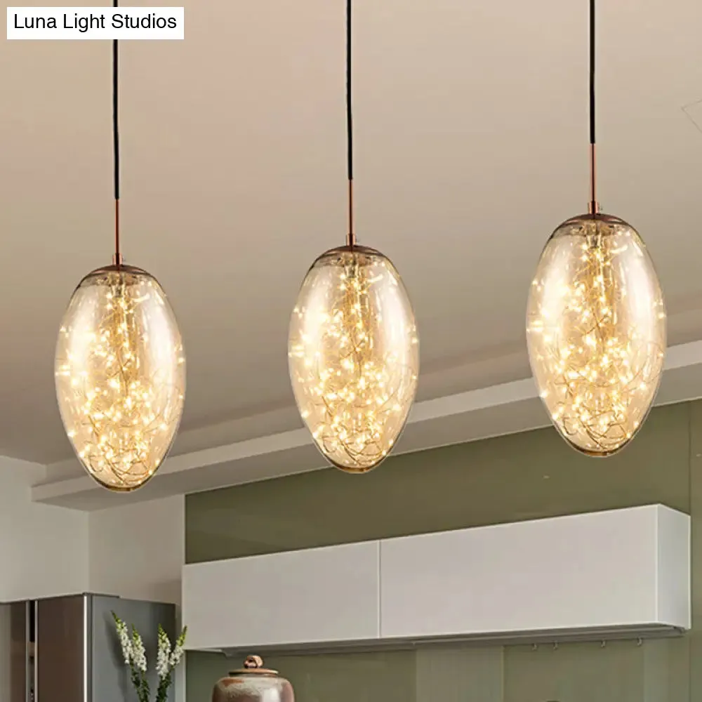 Contemporary Oval LED Pendant Light in Smoke Gray/Amber Glass for Living Rooms