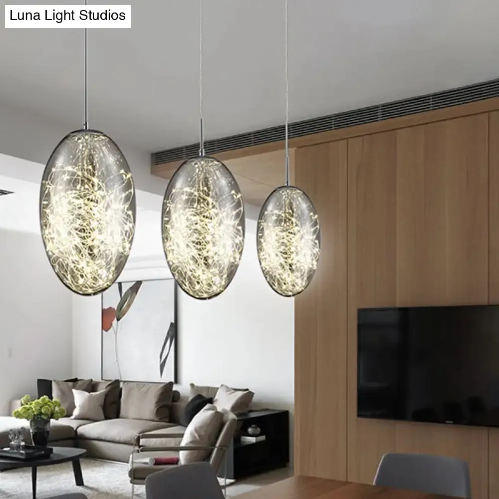 Contemporary Oval LED Pendant Light in Smoke Gray/Amber Glass for Living Rooms