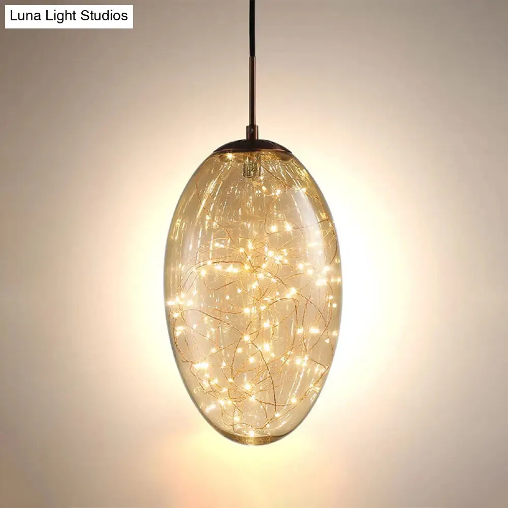 Contemporary Oval LED Pendant Light in Smoke Gray/Amber Glass for Living Rooms