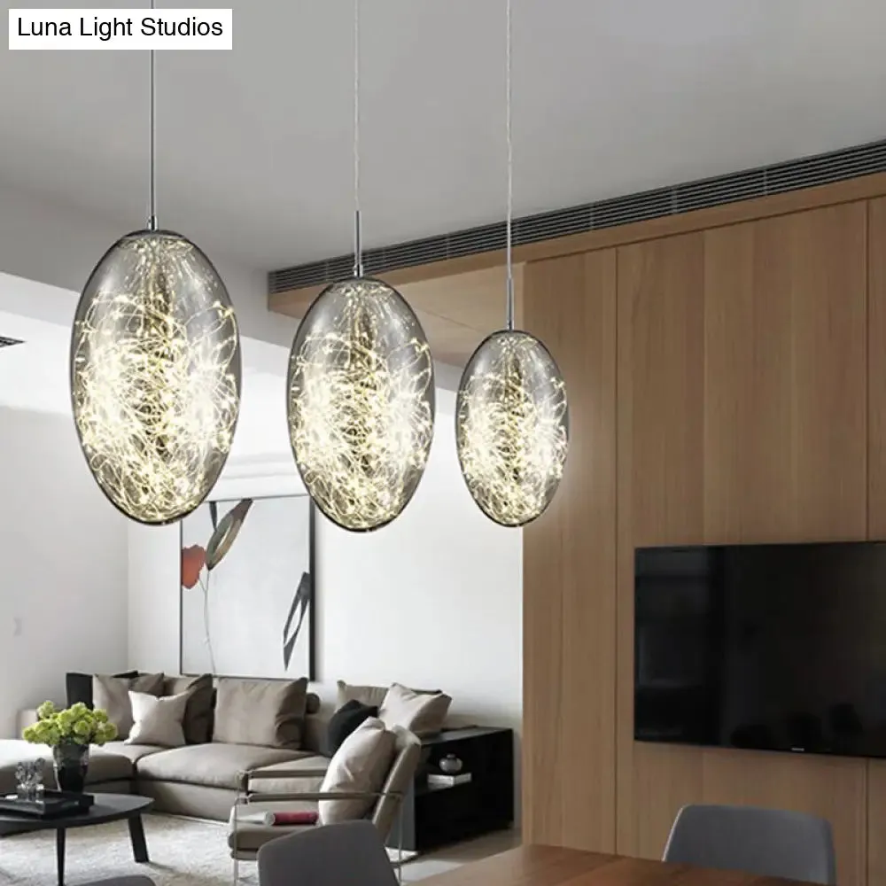 Contemporary Oval LED Pendant Light in Smoke Gray/Amber Glass for Living Rooms