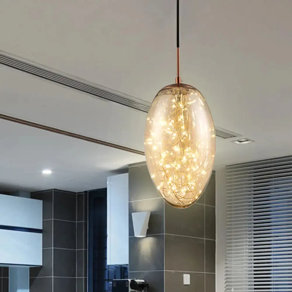 Contemporary Oval LED Pendant Light in Smoke Gray/Amber Glass for Living Rooms