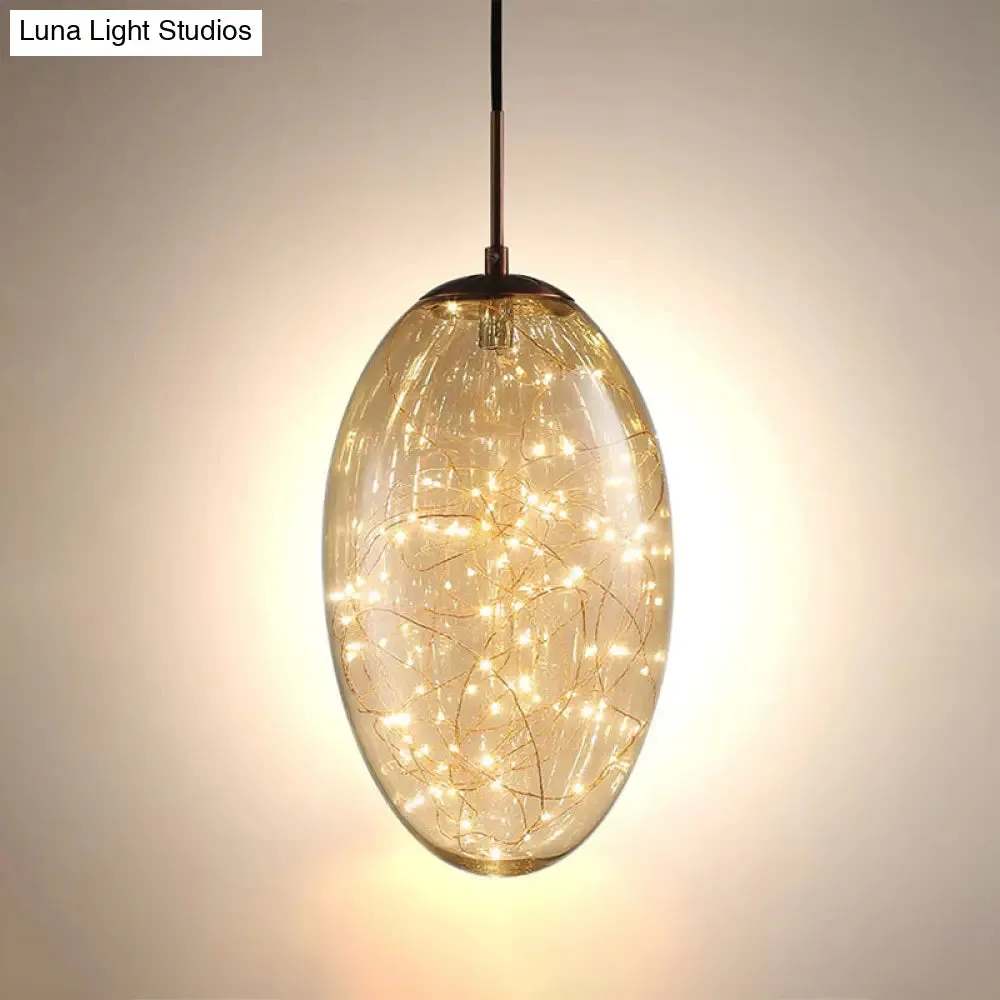 Contemporary Oval LED Pendant Light in Smoke Gray/Amber Glass for Living Rooms