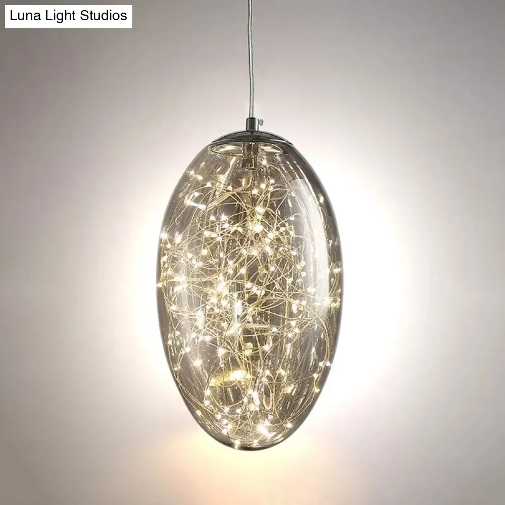 Contemporary Oval LED Pendant Light in Smoke Gray/Amber Glass for Living Rooms