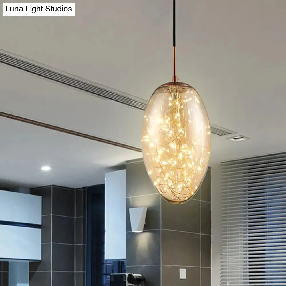 Contemporary Oval LED Pendant Light in Smoke Gray/Amber Glass for Living Rooms